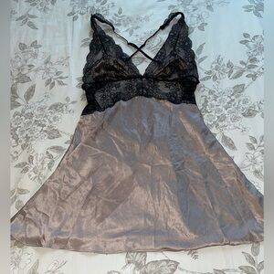 Victorias Secret Black Lace Sheer Satin Taupe Babydoll Slip Large Chemise Teddy
